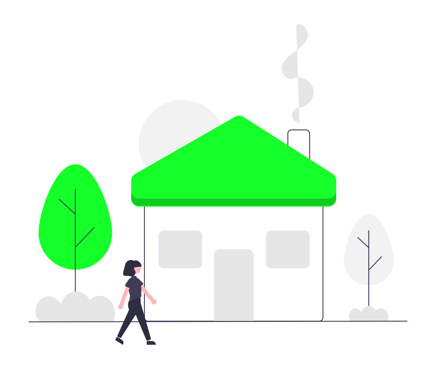 家の前を歩く女性のイラスト