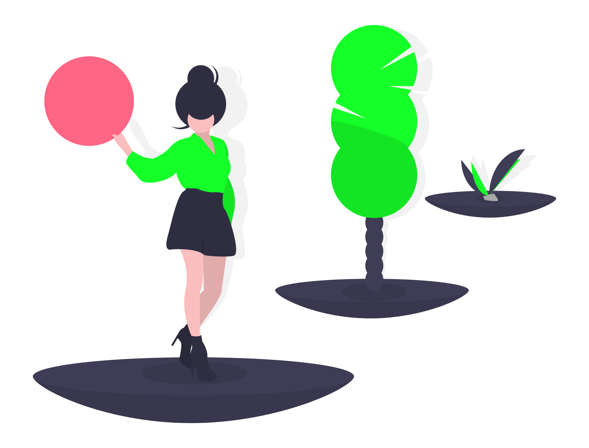 お団子ヘアの女性が太陽のような赤丸を掲げているイラスト