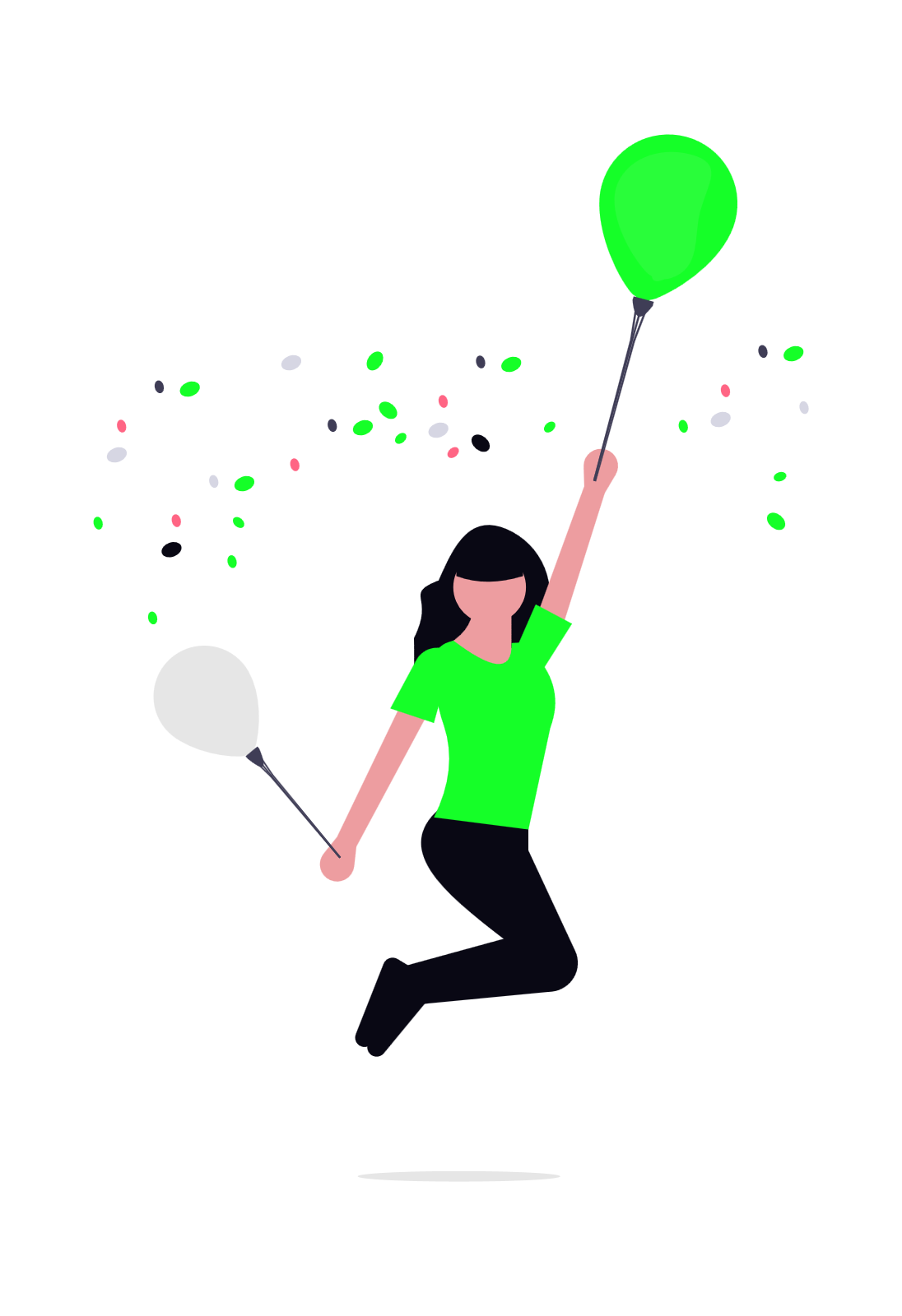風船を持って飛び跳ねる女性のイラスト